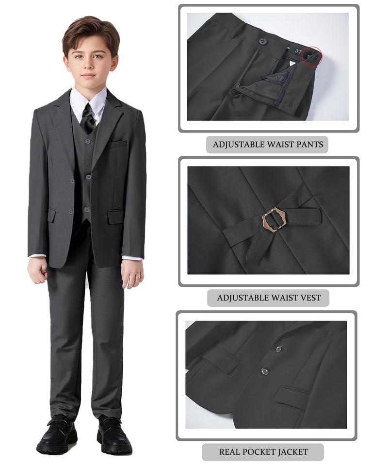 Addneo Boy's Silm Fit Formal Suits 5 Piece with Shirt and Vest, Dark Gray 5pc (Black Tie), 14 - Image 2